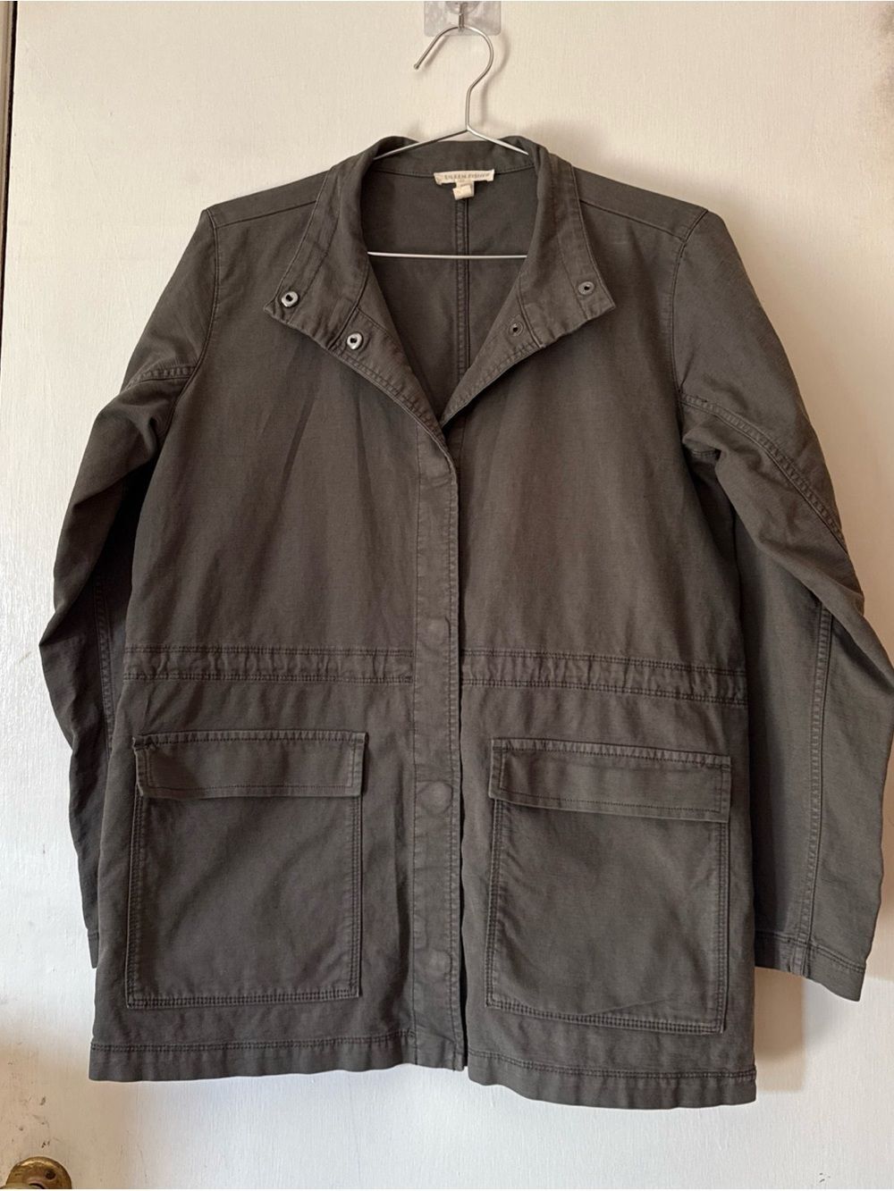 Eileen Fisher Utility Jacket Organic Cotton Olive Green Stand Collar Women's XXS